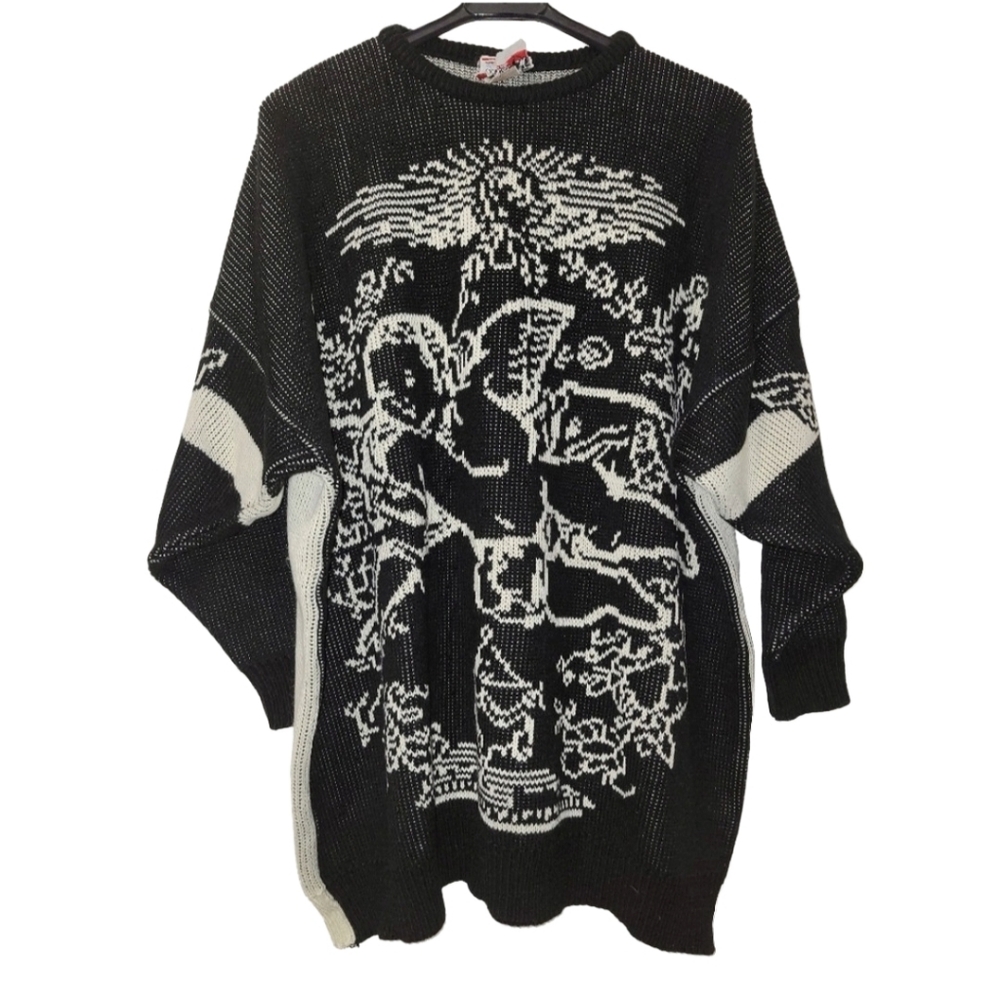 Vintage 70s Contempo Casuals Knit Black & Cream Angel/Cherub Tunic Sweater Med - Picture 6 of 16